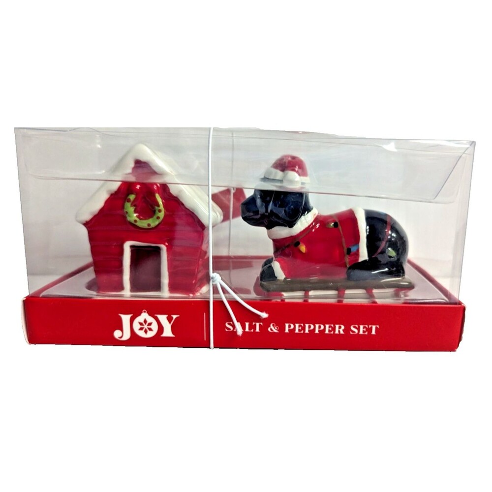 Joy Christmas Dog on Sled Doghouse Salt & Pepper Shakers Ceramic Holiday Kitchen